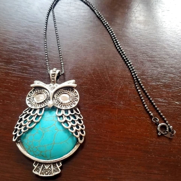 Silver owl necklace with turquoise body - Picture 2 of 3